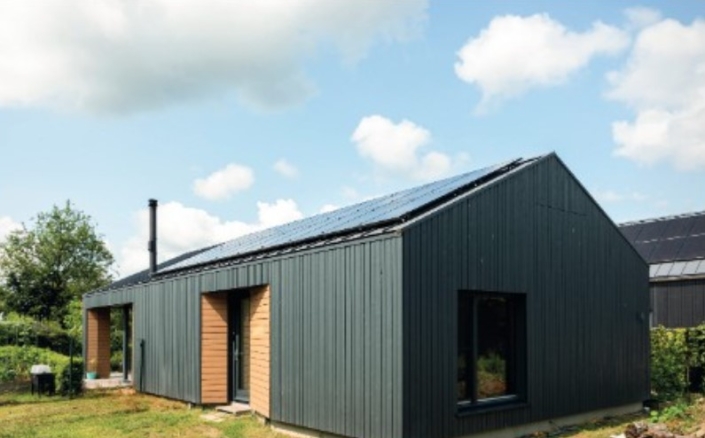 Moderne bungalow met donkere verticale panelen en zonnepanelen op het schuine dak, verticale deur groen gras en bomen, tegen een duidelijke blauwe lucht met verspreide wolken. Perfecte milieuvriendelijke woning. - Finnhouse