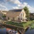 Moderne Finnhouse aan een kanaal met zonnepanelen, tuin en terras. Drie mensen varen in een kleine boot op het water, terwijl enkele wolken de zonnige dag verbeterden. - Finnhouse