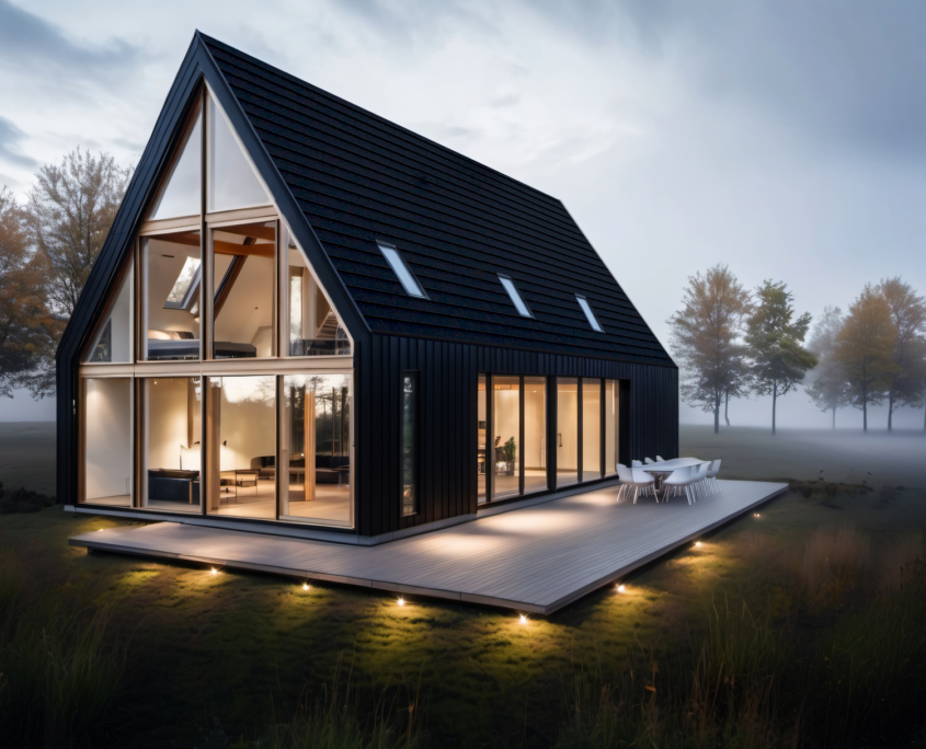 Modern A-frame huis met grote glazen ramen, straalt Scandinavisch minimalisme uit. Gelegen in mistige omgeving met bomen. Houten terras met buitenmeubels, subtiel verlichte deurgrondlampen bij avondlicht. - Finnhouse