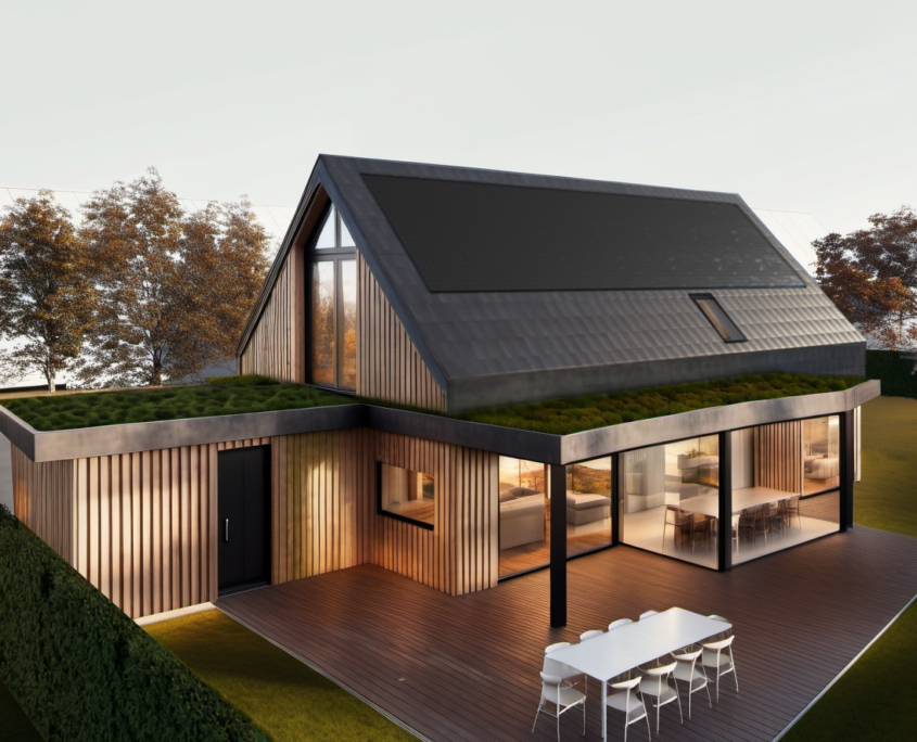 Een moderne Finnhouse met driehoekig dak en zonnepanelen, grote ramen en houten gevelbekleding. Groen dak op plat gedeelte, houten terras met eettafel. Weelderige tuin omzoomd door hagen. - Finnhouse