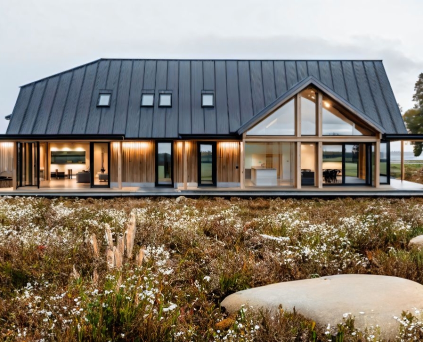 Een moderne Finnhouse in A-frame stijl met grote ramen en donkere metalen daken. Omgeven door wilde bloemen en rotsen, onder een bewolkte lucht temidden van bomen, ideaal voor meergeneratie wonen. - Finnhouse