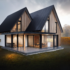 Moderne Finnhouse woning met veel glas, donkere hellende daklijn en houten bekleding, omringd door grasveld. Interieurverlichting schijnt onder bewolkte hemel en tussen bomen door voor speels effect. - Finnhouse