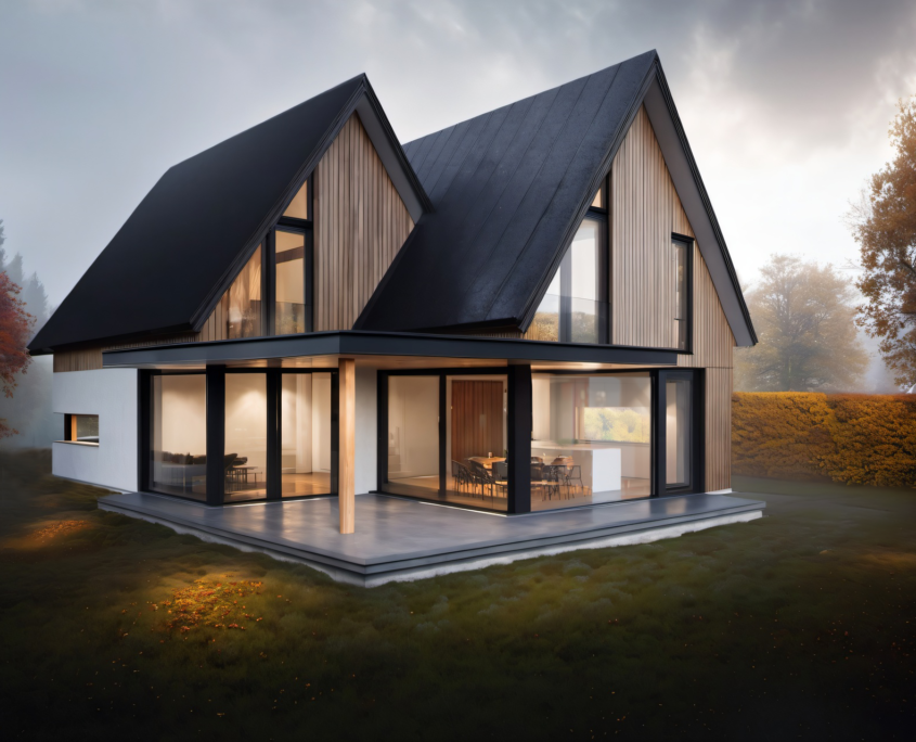 Moderne Finnhouse woning met veel glas, donkere hellende daklijn en houten bekleding, omringd door grasveld. Interieurverlichting schijnt onder bewolkte hemel en tussen bomen door voor speels effect. - Finnhouse