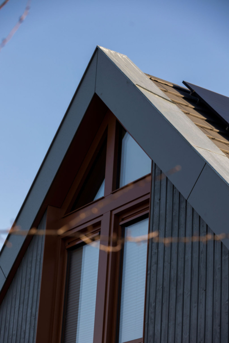 Close-up van een modern Finnhouse met staal, driehoekig dak. Houten gevelbekleding en grote ramen vormen het exterieur tegen een blauwe lucht. Vervaging van dunne takken op de voorgrond. - Finnhouse