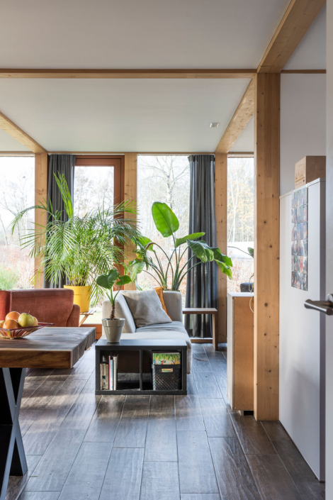 Moderne woonkamer met grote ramen, houten balken en donkere vloer. Bruine bank en witte fauteuil omringen tafel met plant. Hoge groene planten geven een duurzame uitstraling. Zonlicht deurgordijnen zorgen voor knusse sfeer. - Finnhouse