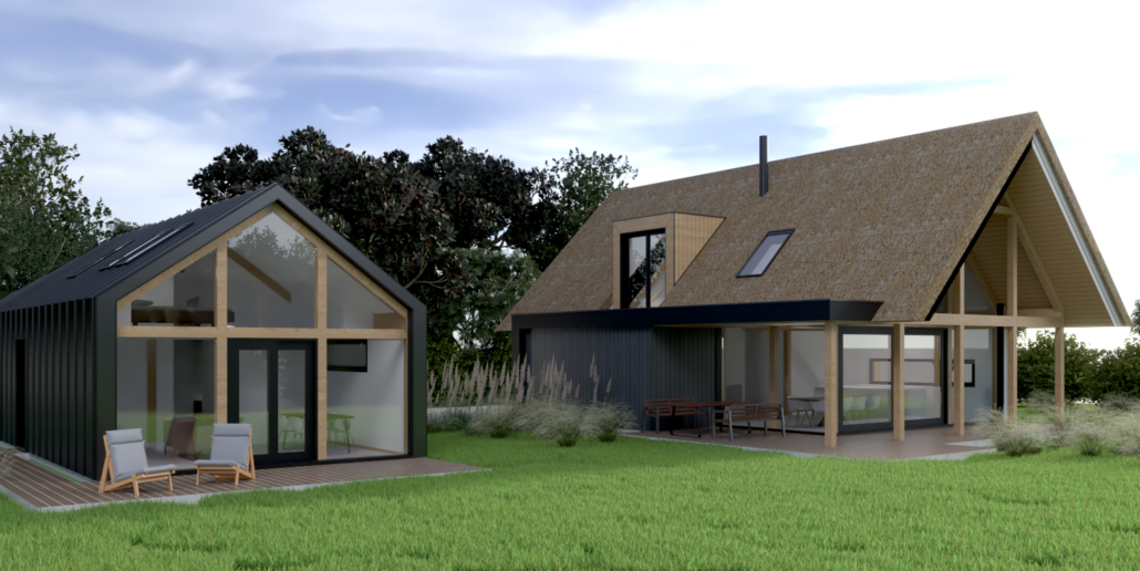 Twee moderne Finnhouse woningen met grote glasramen, houten stijlen en schuine daken; één met een metalen dak, de ander met rieten dak, omgeven door groene gazons en hoge bomen. - Finnhouse
