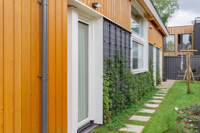 Modern huis met houten bekleding en roosterwand, grote ramen en deur. Stapstenen leiden door een groene tuin met kleurrijke planten. Een overeenkomstig gebouw staat op de achtergrond bij Finnhouse.nl. - Finnhouse