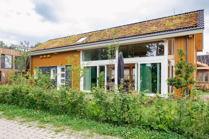 Een modern, milieuvriendelijk huis met groen dak en grote glazen ramen, overdekte door plantaardige vegetatie. Het houten exterieur en het nette bestrating oprit onder een bewolkte hemel kustlijn duurzaamheid. - Finnhouse