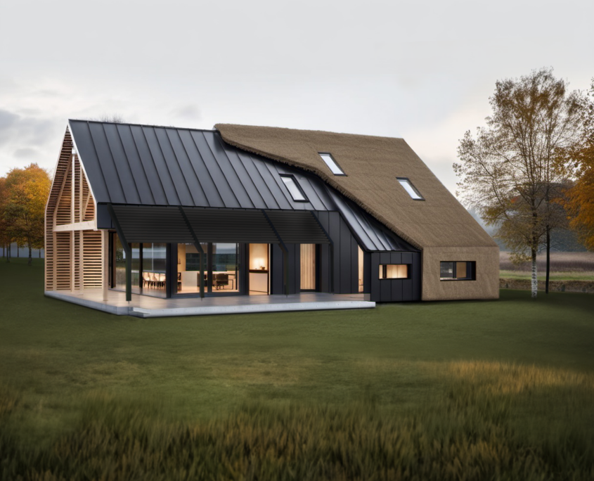 Moderne Finnhouse Schuurwoning met donkere metalen en rieten dakbedekking, grote glazen ramen, houten accenten op groen grasveld langs de herfstbomen en bewolkte hemel. - Finnhouse