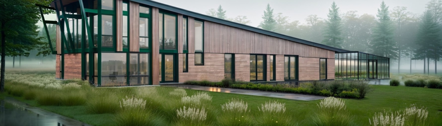 Modern, langwerpig kantoorgebouw van Finnhouse met grote glazen ramen en houten panelen in een mistig, groen landschap. Het gebouw heeft een schuin dak en wordt omringd door gras, bomen en een natte weg. - Finnhouse