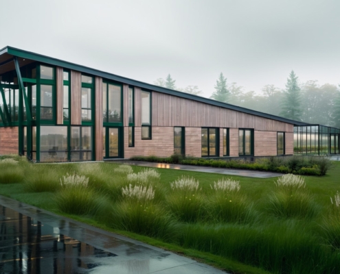 Modern, langwerpig kantoorgebouw van Finnhouse met grote glazen ramen en houten panelen in een mistig, groen landschap. Het gebouw heeft een schuin dak en wordt omringd door gras, bomen en een natte weg. - Finnhouse