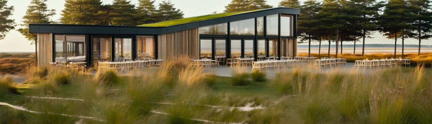 Modern Finnhouse Restaurant met grote glazen ramen en groendak, omringd door hoge grassen en bomen. De uitnodigende patio biedt een unieke eetervaring in de natuur onder een effectieve hemel. - Finnhouse