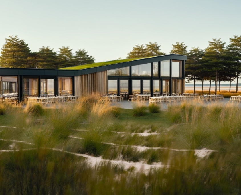 Modern Finnhouse Restaurant met grote glazen ramen en groendak, omringd door hoge grassen en bomen. De uitnodigende patio biedt een unieke eetervaring in de natuur onder een effectieve hemel. - Finnhouse
