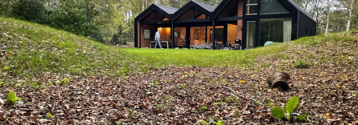 Modern A-frame huis met grote ramen gelegen in een bosrijke omgeving. Voorgrond met verdwenen bladeren, omgeven door hoge bomen met herfstbladeren en een bewolkte lucht, Finnhouse stijl. - Finnhouse